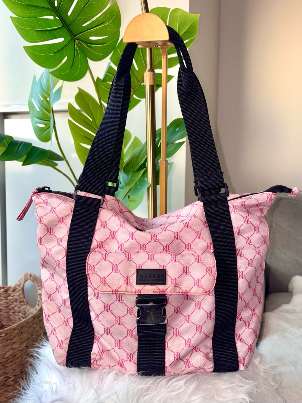 Lauren Ralph Lauren Pink RL Monogram Y2K Shoulder Tote Bag